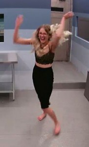 Sarah Hanlon does the Anick Gervail dance for joy in the storage  room on Big Brother Canada 3 Episode 1