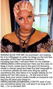 NeNe Leakes posts a want ad for bloggers to write her RHOA Bravo TV Blogs