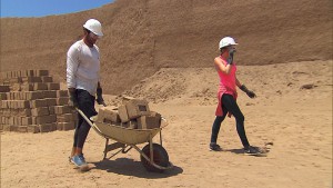 "In It To Win It"--In Detour A, Tyler (left) and Laura (right) must make 12 bricks using traditional techniques then deliver them to a designated worksite in order to receive the next clue on THE AMAZING RACE, Friday, May 8 (8:00-9:00 PM, ET/PT) on the CBS Television Network. Photo: CBS ÃÂ©2015 CBS Broadcasting, Inc. All Rights Reserved