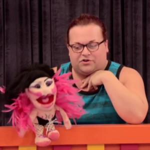 Ginger Minj with her Violet Chachki drag puppet on RuPaul's Drag Race season 7.
