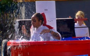 Alison gets dunked after a teammate incorrectly guesses an ingredient in the blind taste test challenge on Hell's Kitchen season 14.