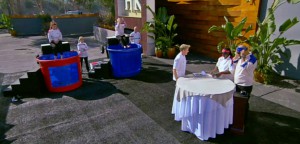 The chefs of Hell's Kitchen season 14 face off at the dunk tanks in the blind taste test challenge.