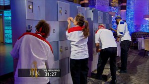 The Hell's Kitchen chefs try to open lockers to find ingredients to use