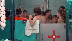 The houseguests all get in the shower, one of the many mandatory Gronk parties #BB17