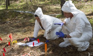 Brian Boyd and Cynthia Boyd process a crime scene on The Amazing Race Canada