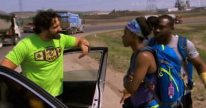 Ope Fagbonbe and Simi Fagbongbe with with Nick Foti and Matt Guinta over cabs on The Amazing Race Canada