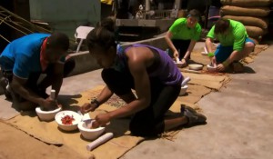 Brent Sweeny and Sean Sweeney and Ope Fagabongbe and Simi Fagabongbe grind up chilis on Amazing Race Canada 3