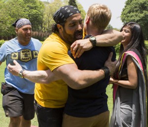 Nick and Matt hug Jon Montgomery after their first 1st place finish